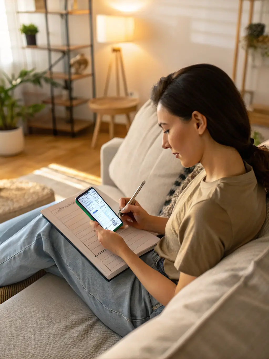 A person using a budgeting app on their phone, smiling, in a modern Canadian home setting.